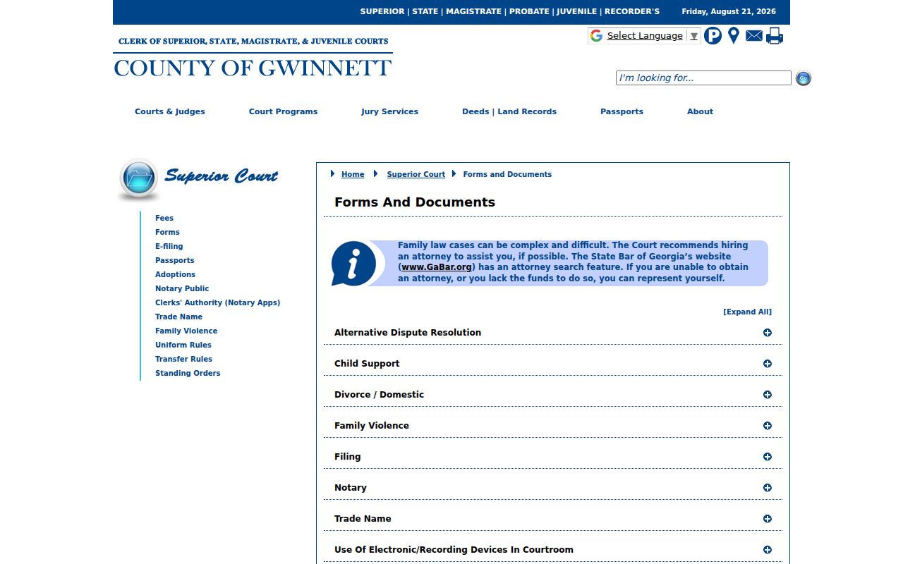 Gwinnett County civil court docket forms and document groups