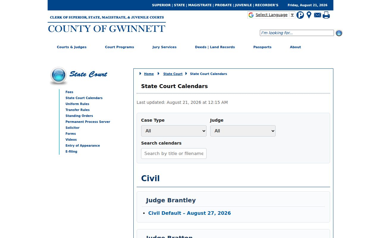 Gwinnett County court schedule State Court filters