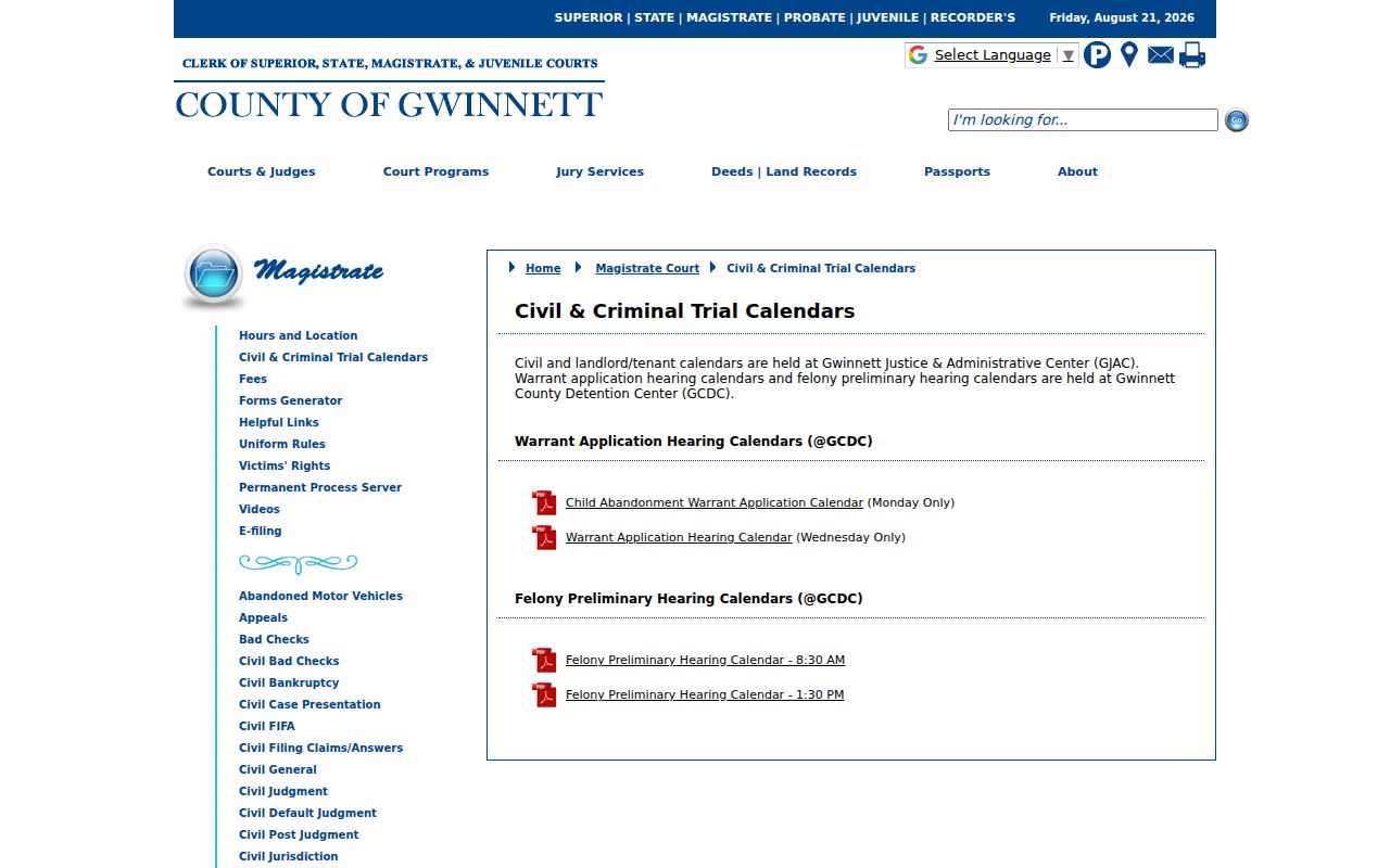 Gwinnett County court schedule Magistrate calendar index