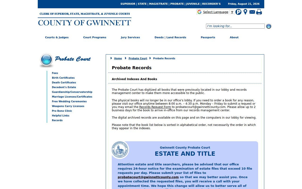 Gwinnett County court case records Probate archive access