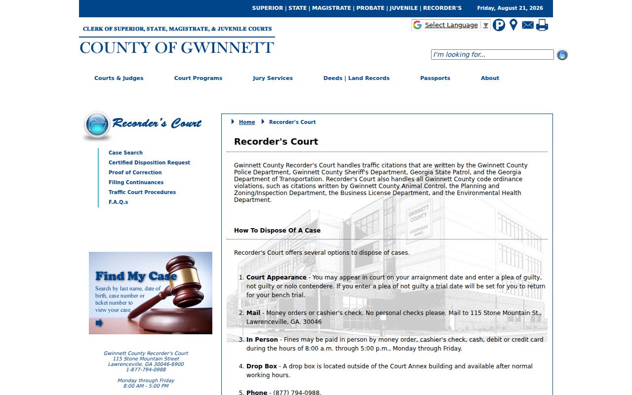 Gwinnett County traffic court Recorder office and jurisdiction