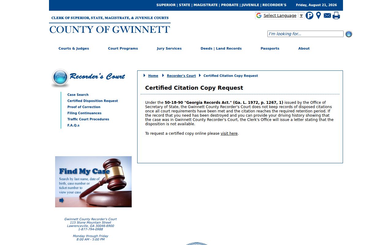 Gwinnett County traffic court certified disposition request